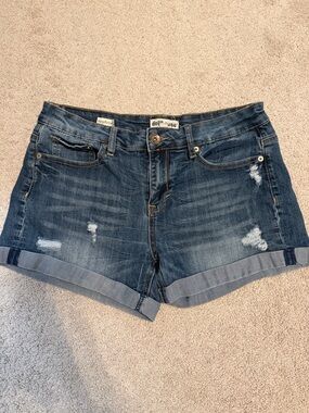 Dollhouse Dark Blue Distressed Rolled Hem Denim Shorts